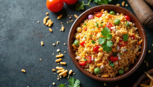 Bhel puri served in bowl close up view. Street food dish includes puffed rice, vegetables, spices. Indian cuisine appetizer snack with herbs, peanuts, tomatoes. Healthy vegetarian meal with peas,