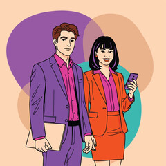 Vibrant illustration of modern business professionals collaborating with technology and ideas