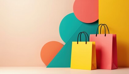Illustration of colorful shopping bags against an abstract geometric background. Graphic design featuring circles and triangles. Retail sale concept with vibrant colors of yellow pink and green.