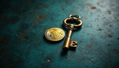 Bitcoin coin next to vintage key. Illustration showing concept of crypto security digital assets and old finance. Bitcoin unlocking potential wealth. The future of finance