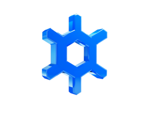 A glossy, blue, six-point star-like geometric design on black