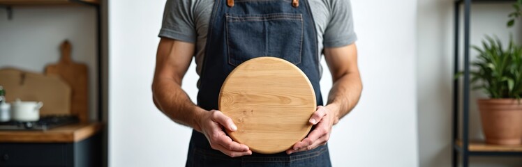 Male cook in denim apron holds a round wooden cutting board in a modern kitchen. Chef presents empty wood platter for food prep or serving dish. Kitchen worker displays natural kitchenware.