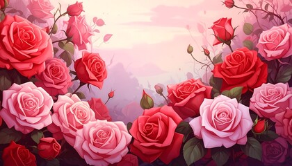 Beautiful stylized roses in varying shades surround a soft, pastel scene