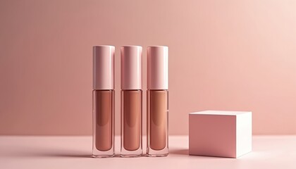 Three beige nude lip gloss tints in clear bottles with pink caps stand on a pink surface. A small pink cube sits nearby on the table. Soft lighting creates a clean product display.