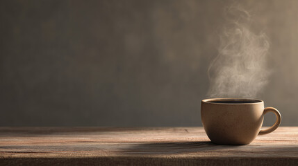 Steam rising from a hot cup of coffee on a wooden table  