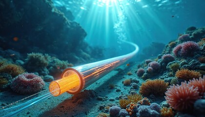 Underwater view features optical cable laid on seabed. Glowing tech infrastructure connects global network. Digital communication flows. Sunlight streams penetrate water. Marine life surrounds cable.
