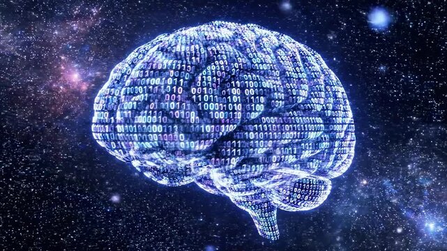 A glowing blue digital brain made of tiny pixels against a stunning starry night sky background with shades of purple, blue, and black