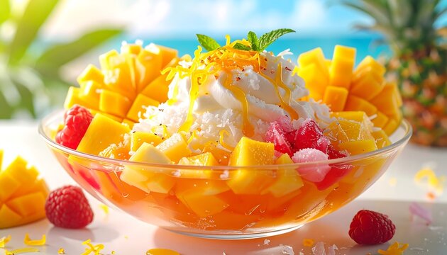 Refreshing tropical mango dessert with whipped cream and fruits, perfect for summer enjoyment