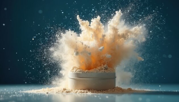 Container with beta alanine powder explodes. Dynamic motion scene captures supplement. Intense vibration, explosion shows raw ingredient. Fitness, energy, training, workout, physical exercise, sport