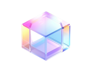 Isometric translucent cube with an open center and rainbow gradients