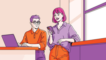 Vibrant illustration of individuals engaging with digital technology in a productive workspace