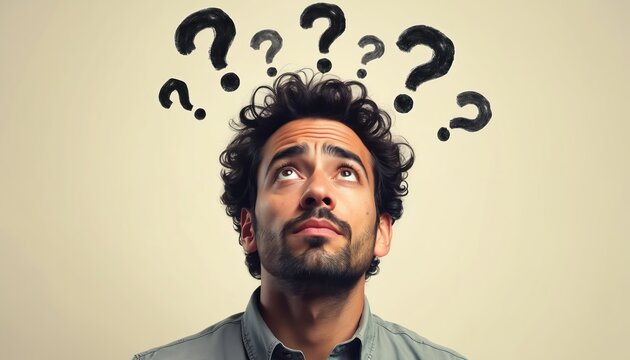 Man with curly hair and beard looks up with puzzled expression, question marks above head. Confusion, doubt or deep thought concept for problem solving or finding answers. Inner questioning.