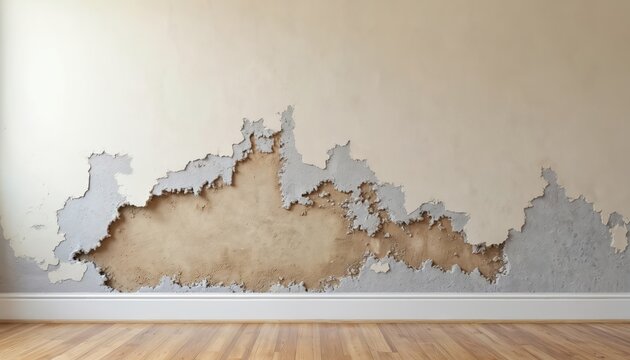 Damaged wall shows peeling paint and exposed plaster due to moisture or water leaks. Deterioration indicates need for repair and restoration services. This surface problem affects interior aesthetics.