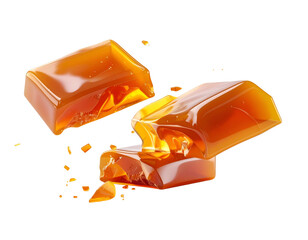 Three caramel candies broken apart, showing inner crystal structure
