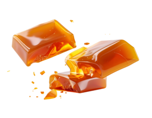 Three caramel candies broken apart, showing inner crystal structure