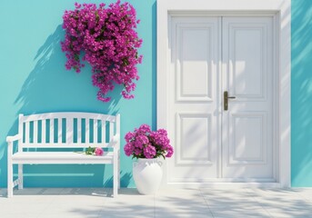 A charming white bench sits against a bright turquoise wall next to a closed white door, adorned with vibrant pink bougainvillea