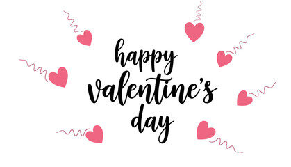 Happy Valentines Day greeting card with pink heart shapes and elegant black calligraphy lettering on a clean white background for romantic © Delowara