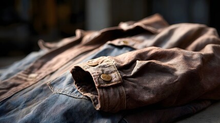Close up of a weathered brown and blue fabric garment with rolled sleeves and brass buttons in soft light