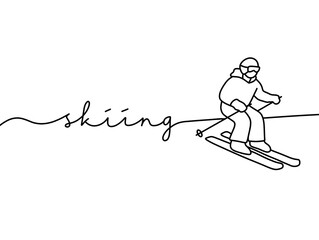 Fototapeta premium Minimalist one-line drawing of a skier in motion with text