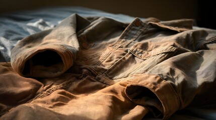 A worn brown garment with rolled up sleeves rests on a textured surface in soft sunlight