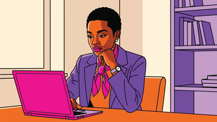 Dynamic pop art portrayal of a discerning black professional focused on her laptop workflow