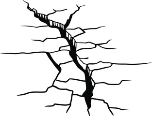 Black cracked ground texture isolated on white background. Sharp broken earth fissure pattern showing damage and fracture detail. Ideal for disaster concepts, destruction themes, and grunge design 
