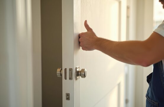 Man installs interior door. Person gives thumbs up approving finished door. Pro locksmith or handyman fitting modern handle. House renovation service concept shows door repair and new furniture.