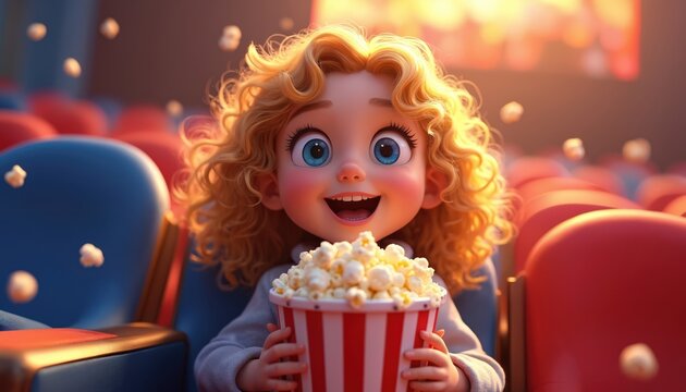 Cute cartoon girl with curly blond hair enjoys popcorn in cinema theater seats. Blue eyes wide with excitement, she watches movie screen. Playful atmosphere, red chairs, bokeh lights.