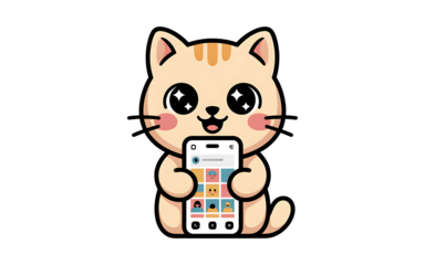 Cute cartoon cat holding smartphone isolated on transparent background