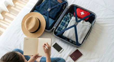 Overhead view of person packing suitcase and planning a trip on bed