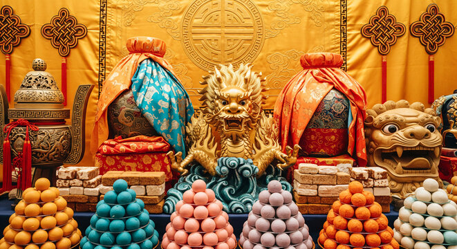 Losar Celebration Banner With Ornate Tibetan Patterns, Barley Offerings, and Torma Sweets