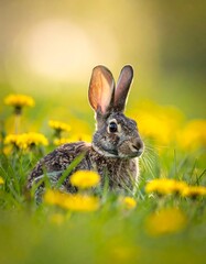 Fototapeta premium A cute bunny sits in a field of yellow dandelions