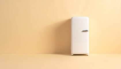 アイボリー背景と小型冷蔵庫のミニマル新居スチル