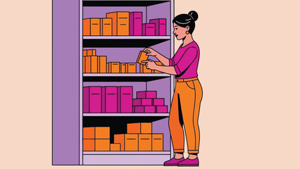 Efficient inventory management featuring a woman meticulously arranging colorful boxes on modern