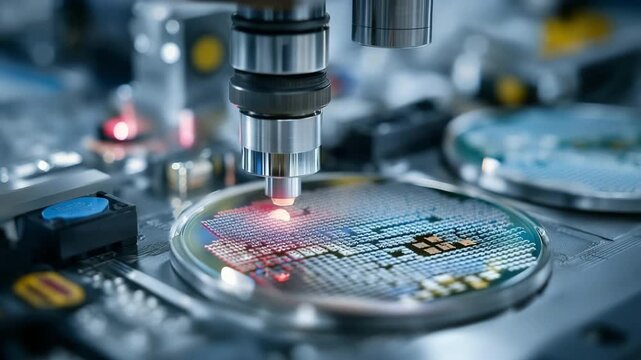 silicon wafer with needles for semiconductor testing on the probe station, looking at a microchip transistor sample