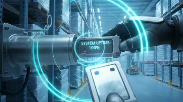 Robot hand scanning barcode with smart technology in cold chain logistics warehouse for efficient inventory management and system uptime monitoring