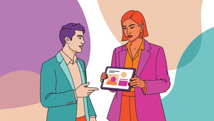 Modern business collaboration with tablet display showcasing data and ideas between colleagues