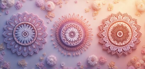 Floral mandala elements in lavender, peach tones on light backdrop. Detailed designs create appealing decor. Intricate art for decoration, backgrounds, textile prints. Brings hippie touch, ornate