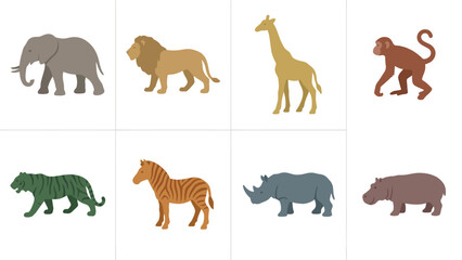 Obraz premium Flat design safari animals collection. Wild jungle creatures: elephant, lion, giraffe, monkey, tiger, zebra, rhino, hippo icons.