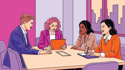 Diverse business team collaborating and engaging in productive discussion within a modern office