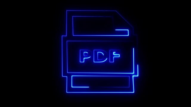 Glowing Blue PDF Document Icon with Neon Outline on Black Background