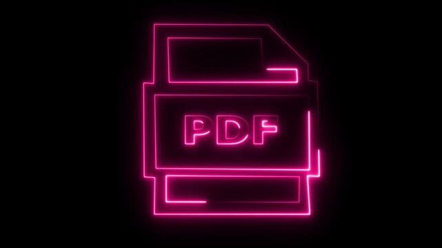 Pink Neon PDF Icon Glowing on Black Background, Digital Document Symbol