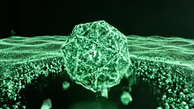A 3D rendering of green particles emerging from a grid-structured circular opening