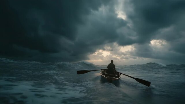 A man rowing a tiny boat on choppy waves against a stormy, gloomy sky represents perseverance and fight in the face of hardship.