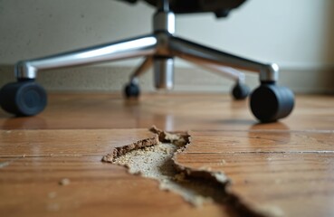 Office chair wheels damage wooden floorboards causing cracks. The broken linoleum surface shows wear and tear. Needs repair. Indoor setting.