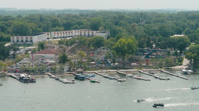 Wide aerial shot of Arnolds Park featuring the ferris wheel in Okoboji Iowa.