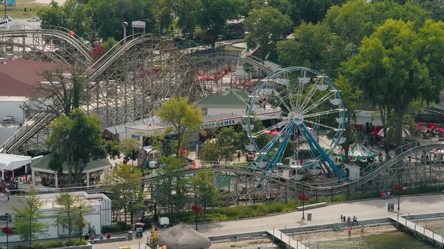 Drone shot of Arnolds Park in Okoboji Iowa.
