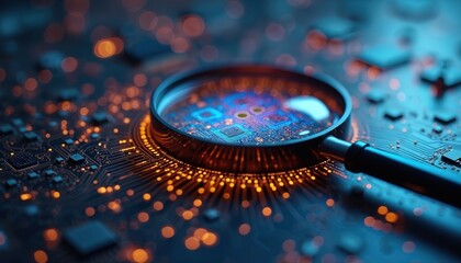 Magnifying glass inspects computer chip on circuit board. Digital tech abstract background with glowing data. Cyber security audit. Electronic analysis.