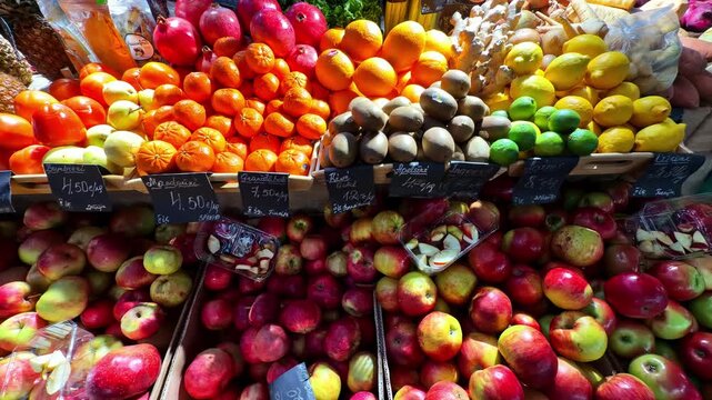 Colorful fresh produce at market stall, vibrant and inviting fruit display