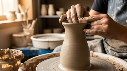 Close-up of skilled hands shaping wet clay on a pottery wheel in a sunlit art studio, demonstrating the ancient craft of ceramics.